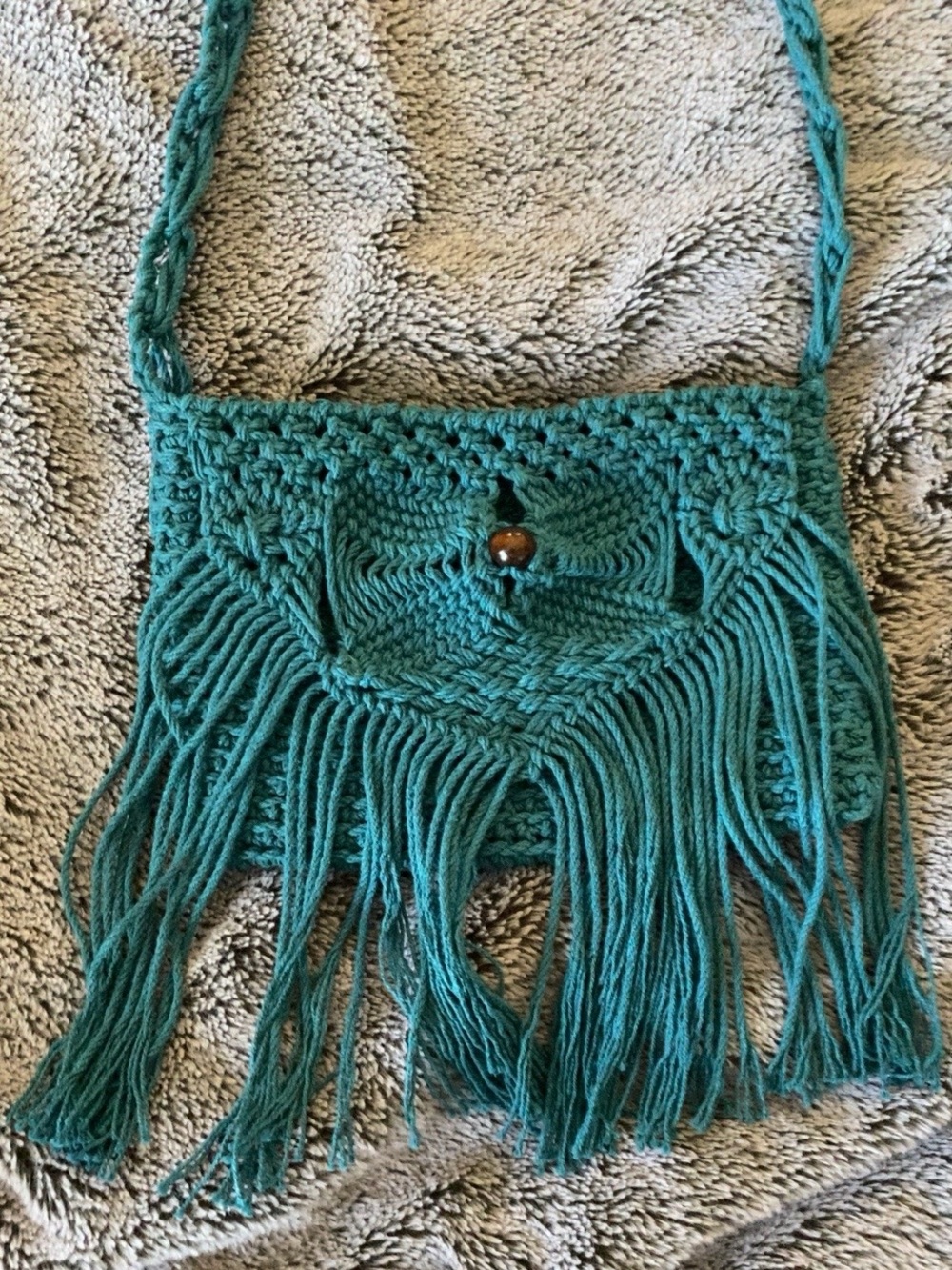 Teal Macrame Handcrafted Fringe Crossbody Bag Boho Hippie